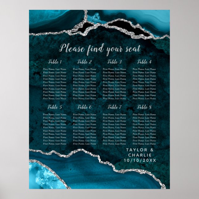 Teal Silver Agate Wedding Seating Chart 8 Table (Front)
