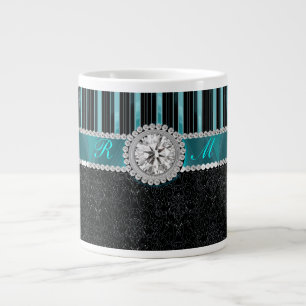 Teal , Silver and Black Diamond Monogram Large Coffee Mug