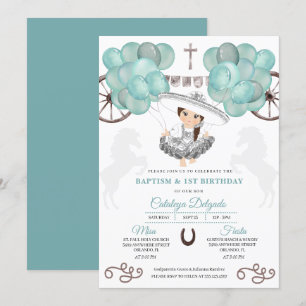 Teal & Silver Balloons Mexican Baby Charra Baptism Invitation