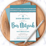 Teal Silver Bar Mitzvah Tallit Simple Modern Bold  Invitation<br><div class="desc">Be proud, rejoice and showcase this milestone of your favourite Bar Mitzvah! Send out this cool, unique, modern, personalised invitation for an event to remember. Bold, dusty teal blue script typography, Star of David and a dusty teal blue and silver glitter striped tallit inspired graphic overlay a simple, white background....</div>