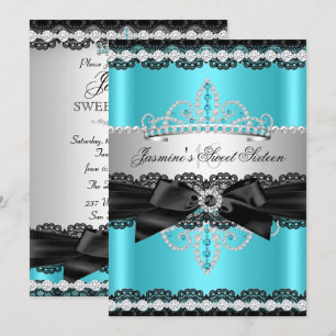 Teal Silver Black Lace Sweet 16 Birthday Party Invitation