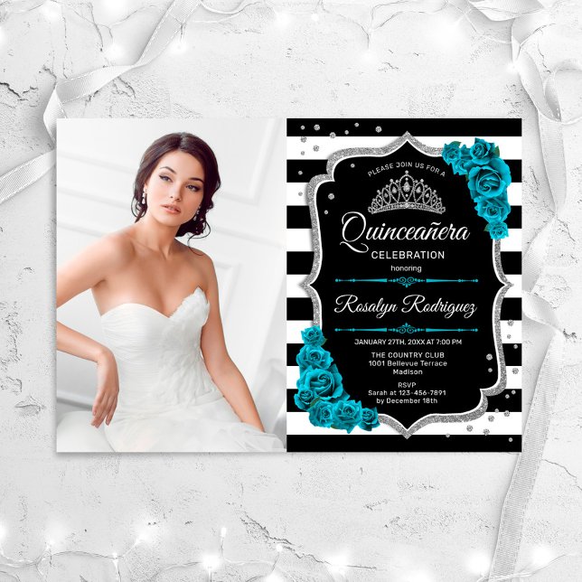 Teal Silver Black Quinceanera Party With Photo Invitation (Creator Uploaded)