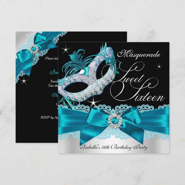 Teal Silver Bow Masquerade Sweet Sixteen Invite (Front/Back)