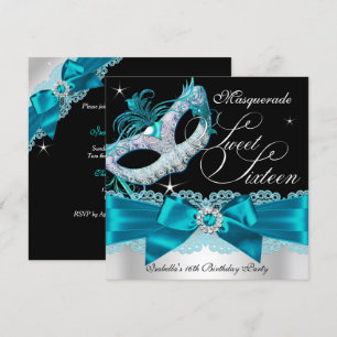 Teal Silver Bow Masquerade Sweet Sixteen Invite
