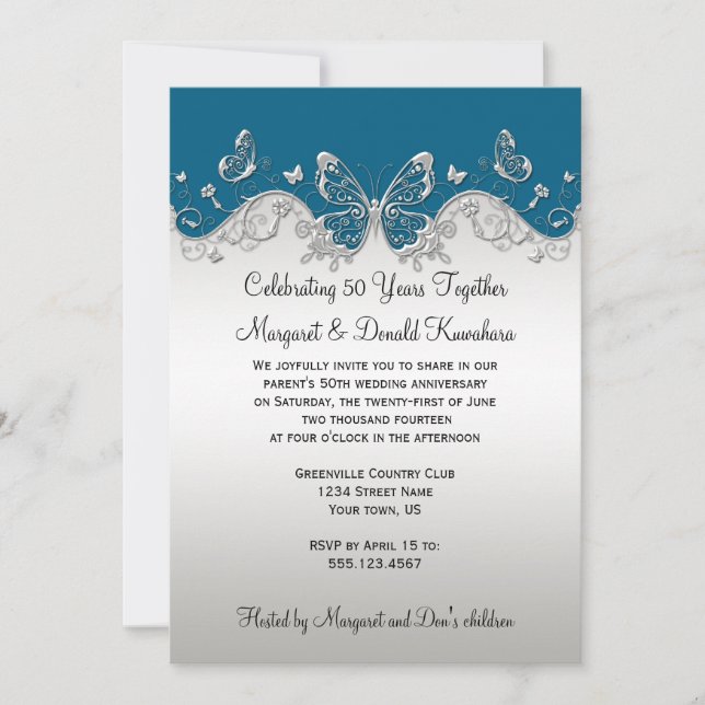 Teal Silver Butterflies 25th Anniversary Invitation (Front)