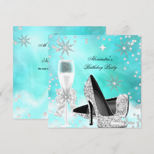 Teal Silver Champagne High Heels Birthday Invitation (Front/Back)