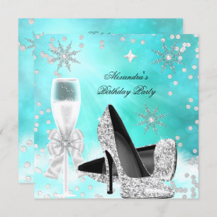 Teal Silver Champagne High Heels Birthday Invitation