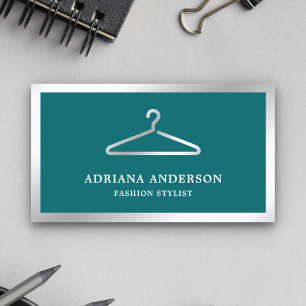 Teal Silver Clothes Hanger Fashion Stylist Business Card