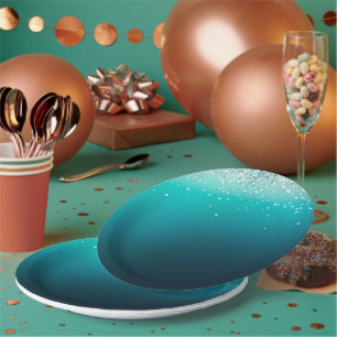 Teal Silver Confetti Paper Plate