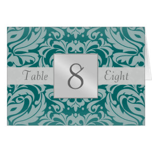 Teal & Silver Damask Table Number Folded Card