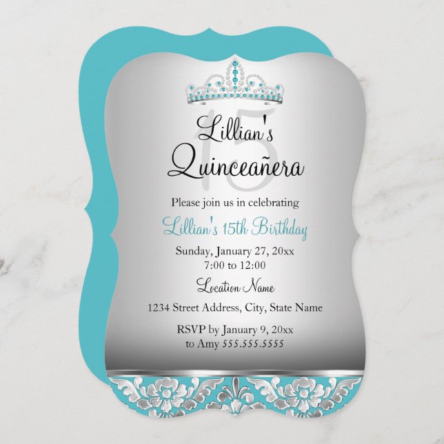 Teal Silver Damask Tiara Quinceanera Invite (Front/Back)