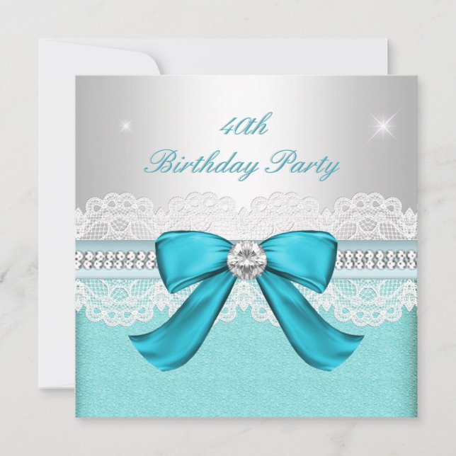 Teal Silver Diamond 40th Birthday Party Invitation (Front)