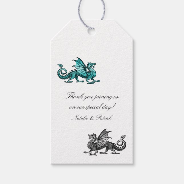 Teal Silver Dragon Wedding Gift Tags (Front)