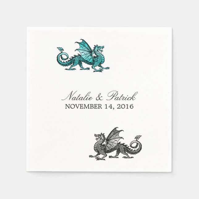 Teal Silver Dragon Wedding Paper Napkins (Front)