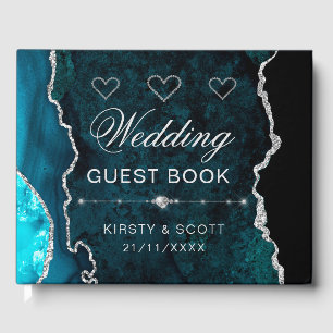 Teal & Silver Faux Glitter Agate Wedding Guest Book