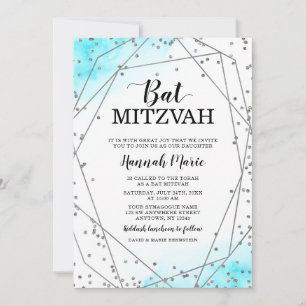 Teal Silver Faux Glitter Geometric Bat Mitzvah Invitation