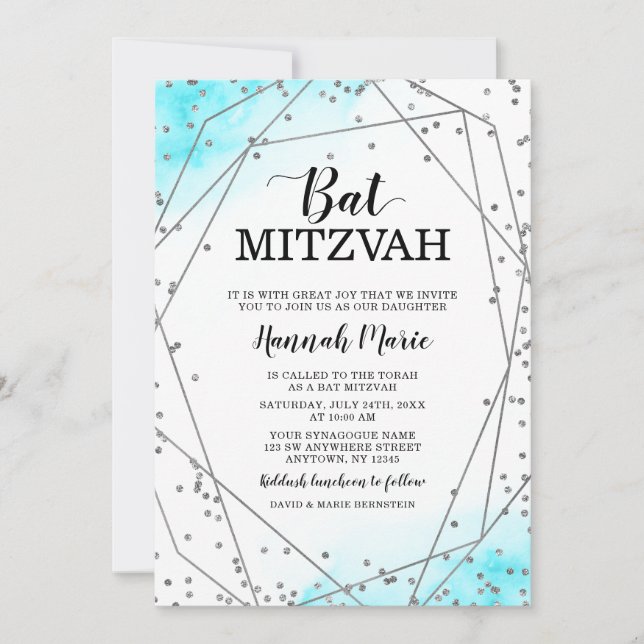 Teal Silver Faux Glitter Geometric Bat Mitzvah Invitation (Front)