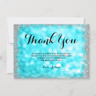 Teal Silver Faux Glitter Lights Sweet 16 Thank You Card