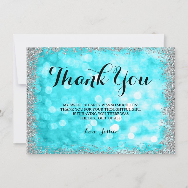 Teal Silver Faux Glitter Lights Sweet 16 Thank You Card (Front)