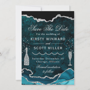 Teal & Silver Faux Glitter Marble Agate Wedding Save The Date