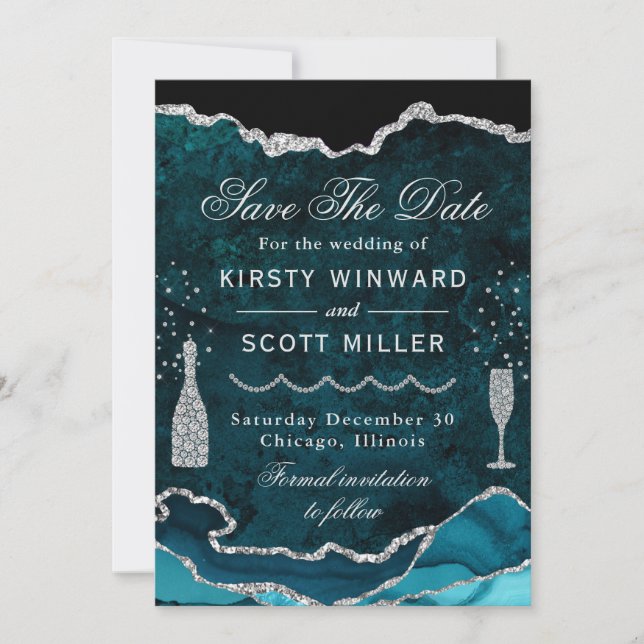 Teal & Silver Faux Glitter Marble Agate Wedding Save The Date (Front)