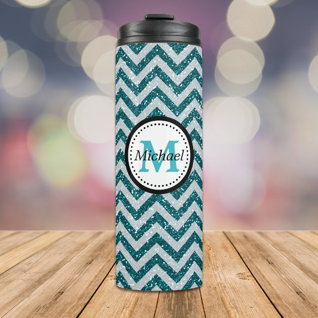 Teal Silver Faux Glitter Monogram Thermal Tumbler (Creator Uploaded)
