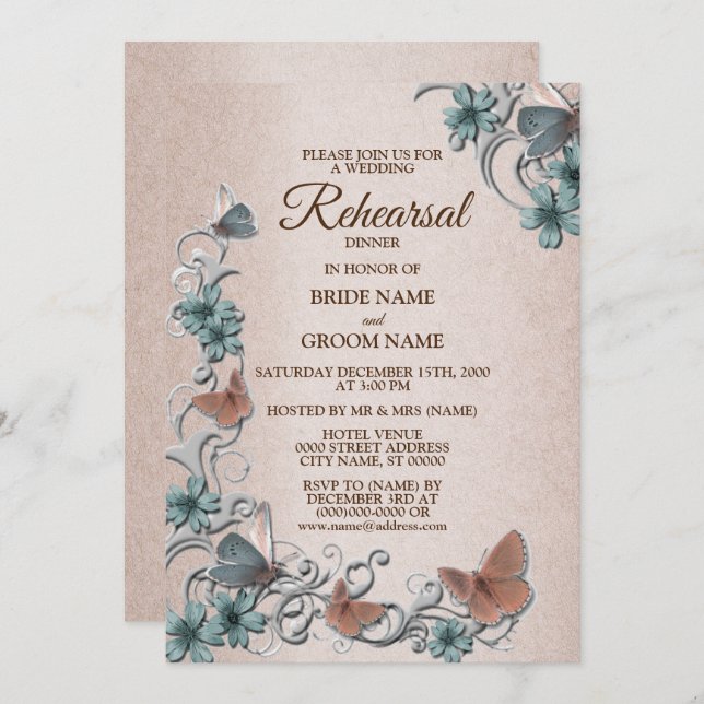 Teal Silver Floral Butterfly Tan Rehearsal Dinner Invitation (Front/Back)