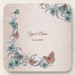Teal Silver Floral Copper Butterfly Tan Wedding Coaster