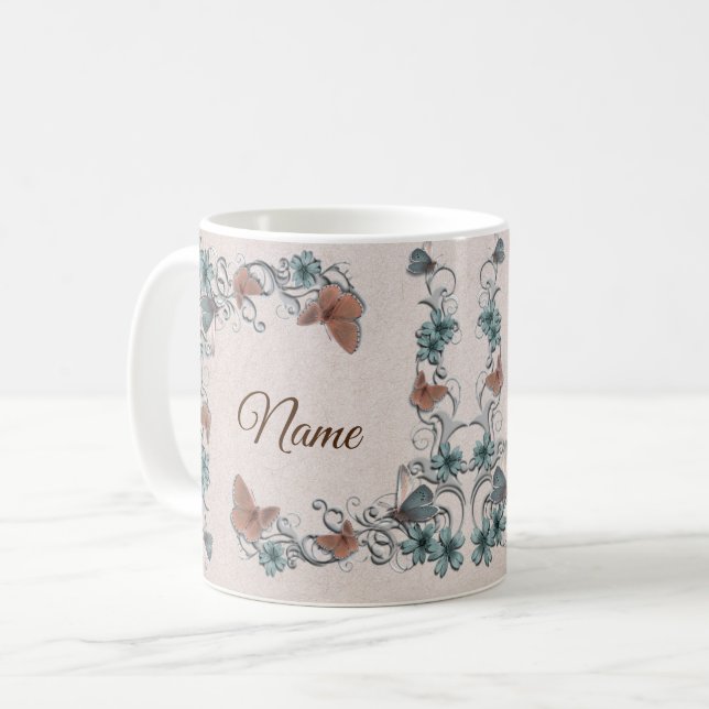 Teal Silver Floral Copper Butterfly Tan Wedding Coffee Mug (Front Left)