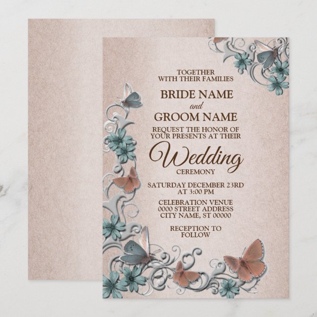 Teal Silver Floral Copper Butterfly Tan Wedding In Invitation (Front/Back)