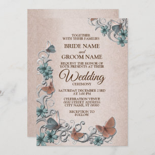 Teal Silver Floral Copper Butterfly Tan Wedding Invitation