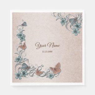 Teal Silver Floral Copper Butterfly Tan Wedding Napkin
