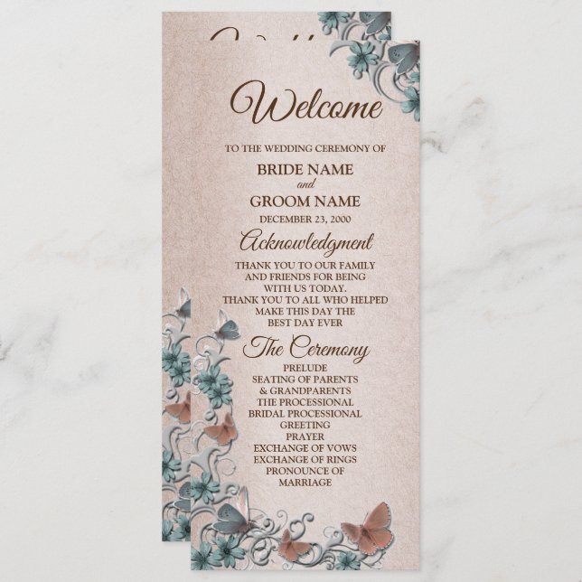 Teal Silver Floral Copper Butterfly Tan Wedding Programme (Front/Back)