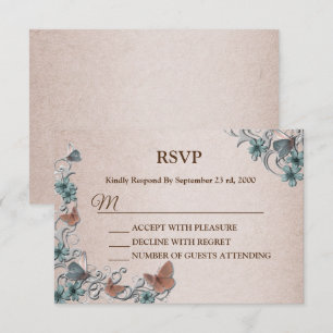 Teal Silver Floral Copper Butterfly Tan Wedding RSVP Card
