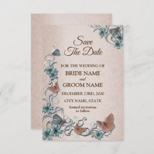 Teal Silver Floral Copper Butterfly Tan Wedding Save The Date