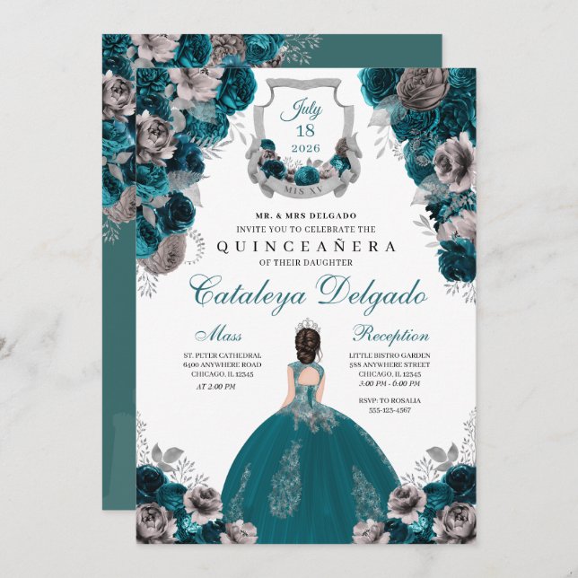 Teal & Silver Floral Elegant Quinceañera Invitation (Front/Back)