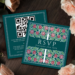 Teal Silver Floral Royal Wedding RSVP QR Code  Enclosure Card