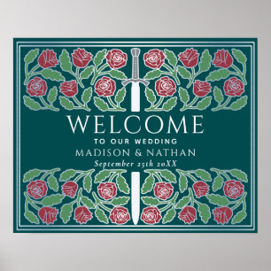 Teal Silver Floral Royal Wedding Welcome Sign