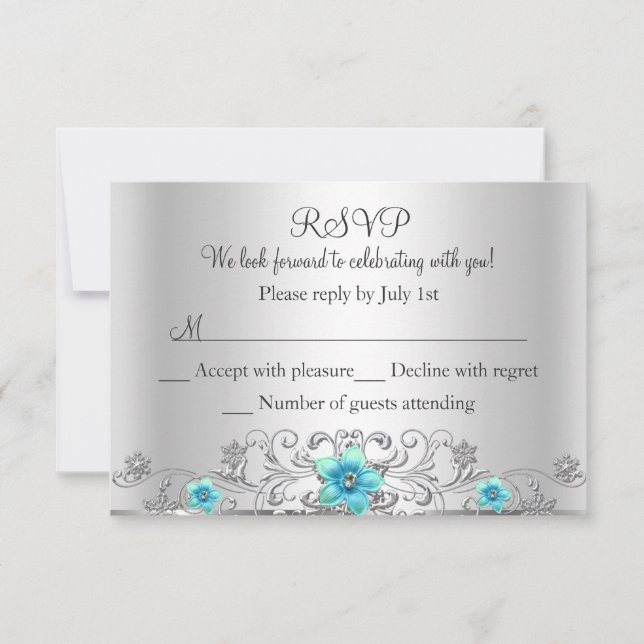 Teal Silver Floral Swirl RSVP Card (Front)