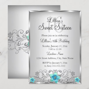 Teal Silver Floral Swirl Sweet 16 Invitation
