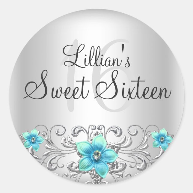 Teal Silver Floral Swirl Sweet 16 Sticker (Front)