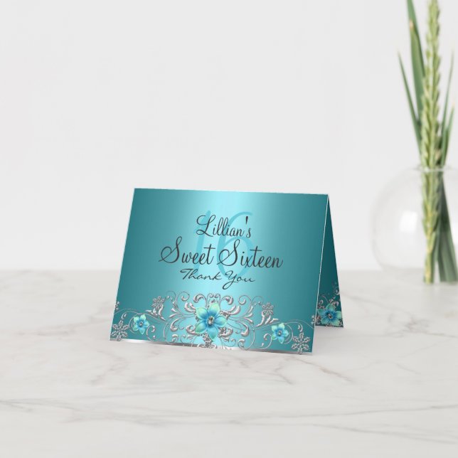 Teal Silver Floral Swirl Sweet 16 Thank You Card (Front)
