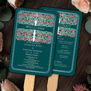 Teal Silver Floral Sword Royal Wedding Program Hand Fan