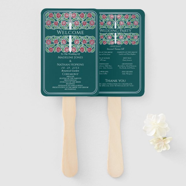 Teal Silver Floral Sword Royal Wedding Program Hand Fan (Front and Back)
