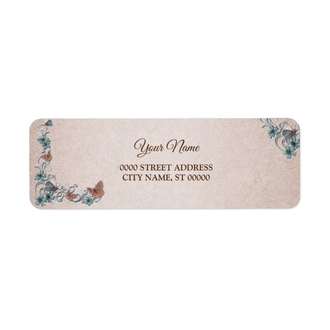 Teal Silver Floral Tan Wedding Return Address (Front)