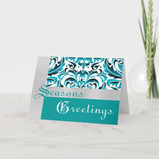 Teal & Silver Foil Damask Christmas Holiday Card (Front)