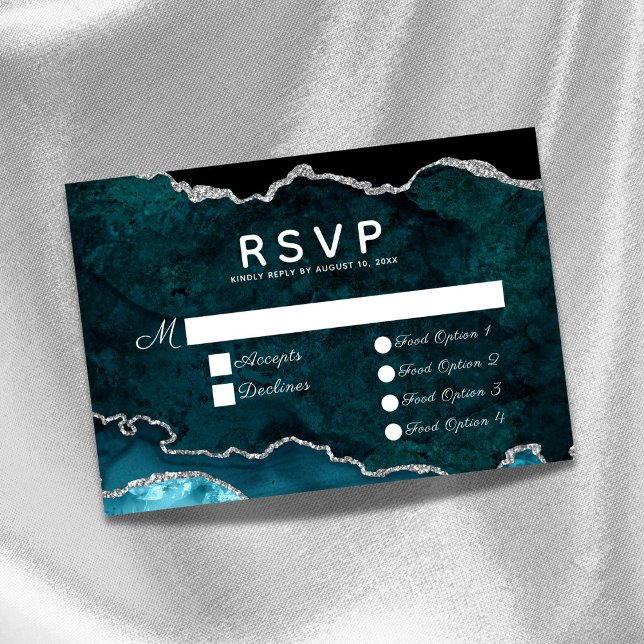 Teal Silver Food Options Agate Wedding RSVP Card (Creator Uploaded)