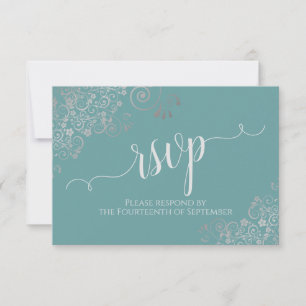 Teal & Silver Frills Elegant Calligraphy Wedding RSVP Card