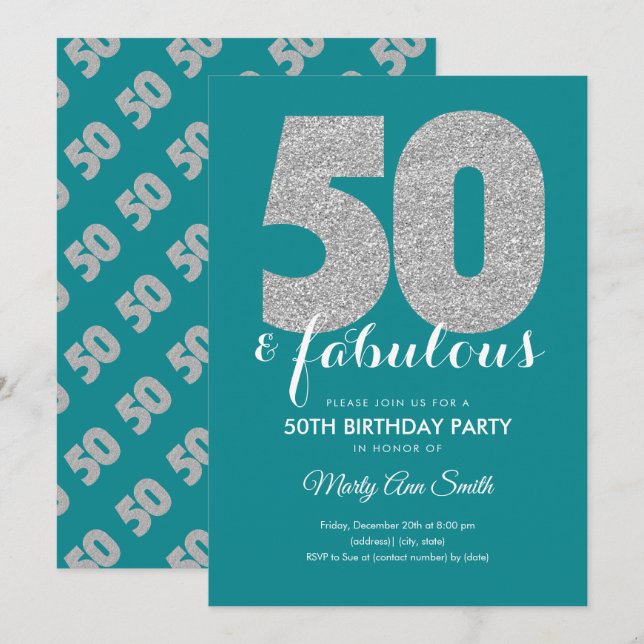Teal Silver Glitter 50 & Fabulous Birthday Party Invitation (Front/Back)