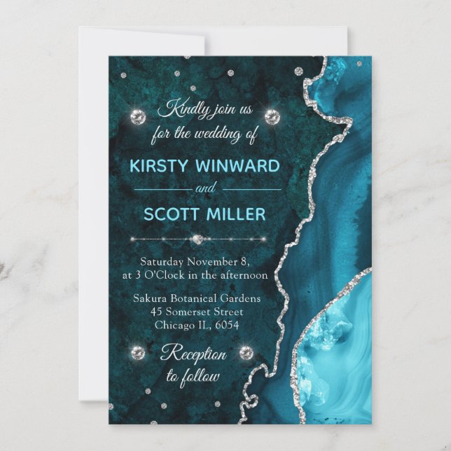 Teal & Silver Glitter Agate and marble Wedding Invitation (Front)